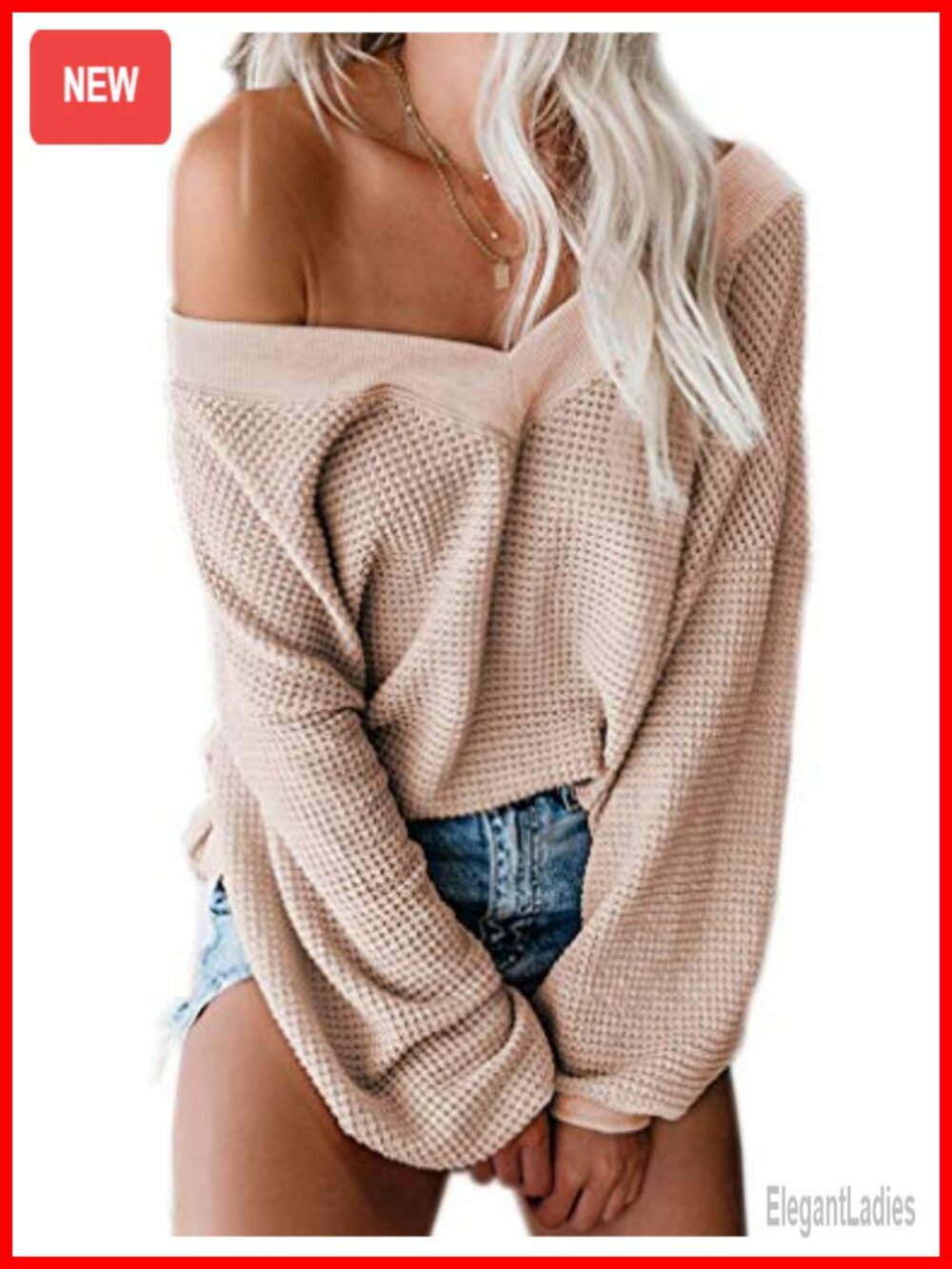 Waffle Knit Off Shoulder Sweater Long Sleeve V Neck Pullover